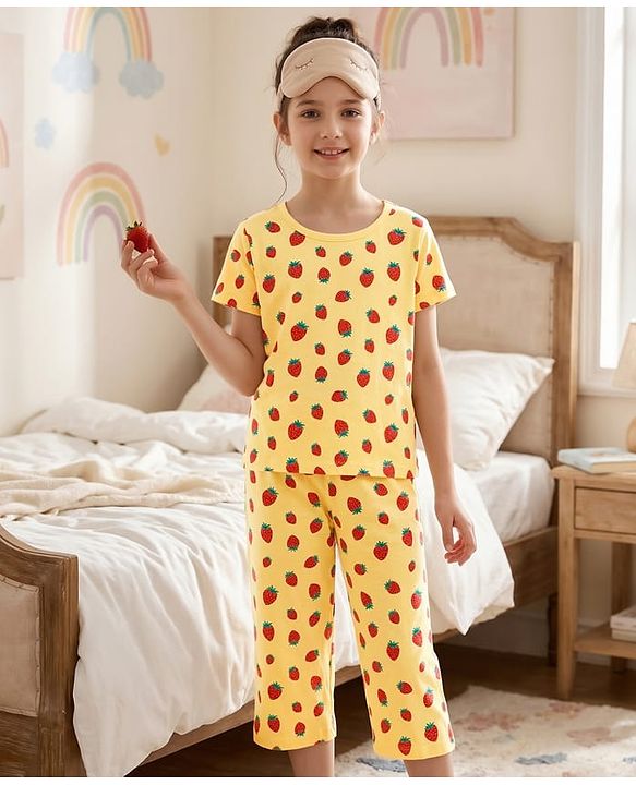 Pine Kids Cotton Half Sleeves Capri Nightsuit with Strawberry Print - Yellow