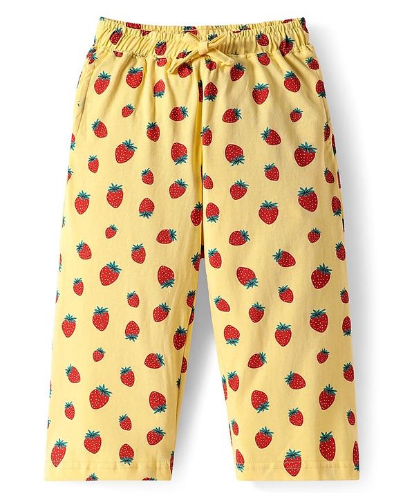 Pine Kids Cotton Half Sleeves Capri Nightsuit with Strawberry Print - Yellow
