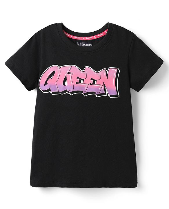 Pine Kids Cotton Knit Half Sleeves T-Shirt with Text Print - Black