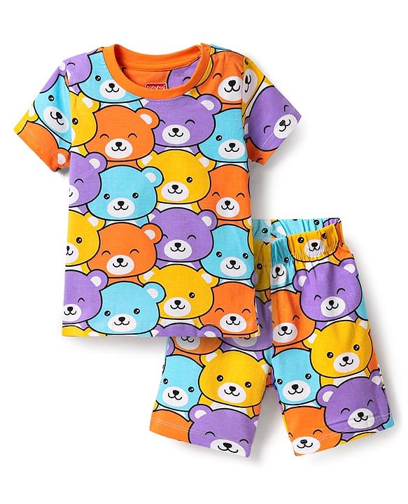 Babyhug Cotton Knit Half Sleeves Co-ords Shorts Night Suit with Bear Print - Orange
