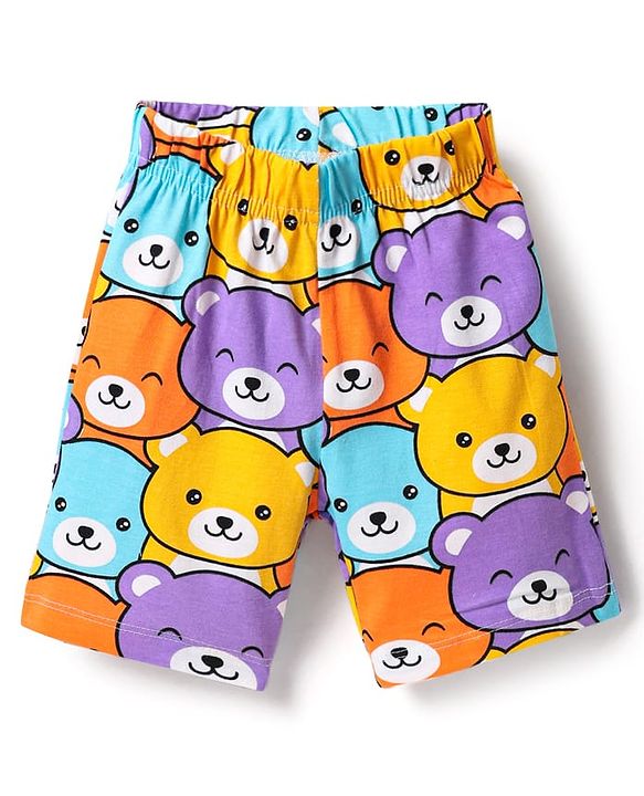 Babyhug Cotton Knit Half Sleeves Co-ords Shorts Night Suit with Bear Print - Orange