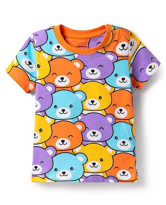 Babyhug Cotton Knit Half Sleeves Co-ords Shorts Night Suit with Bear Print - Orange