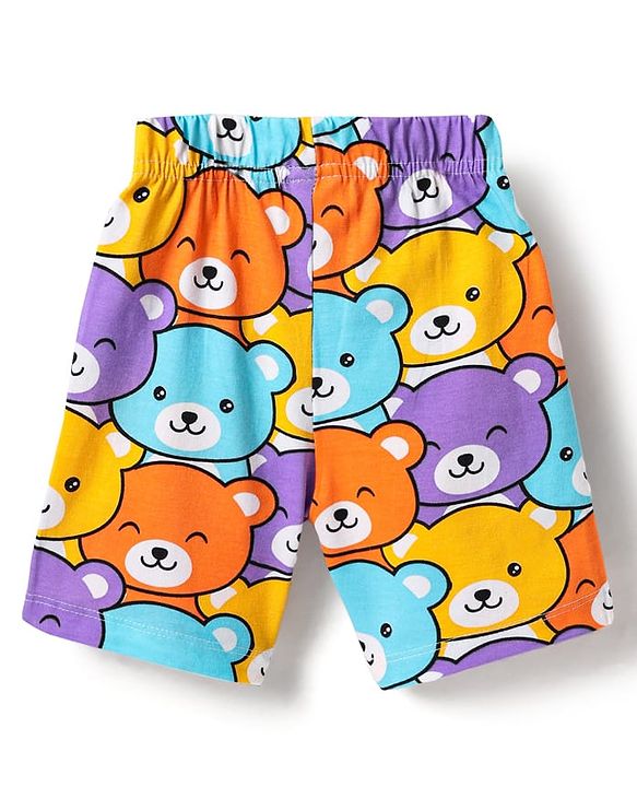 Babyhug Cotton Knit Half Sleeves Co-ords Shorts Night Suit with Bear Print - Orange