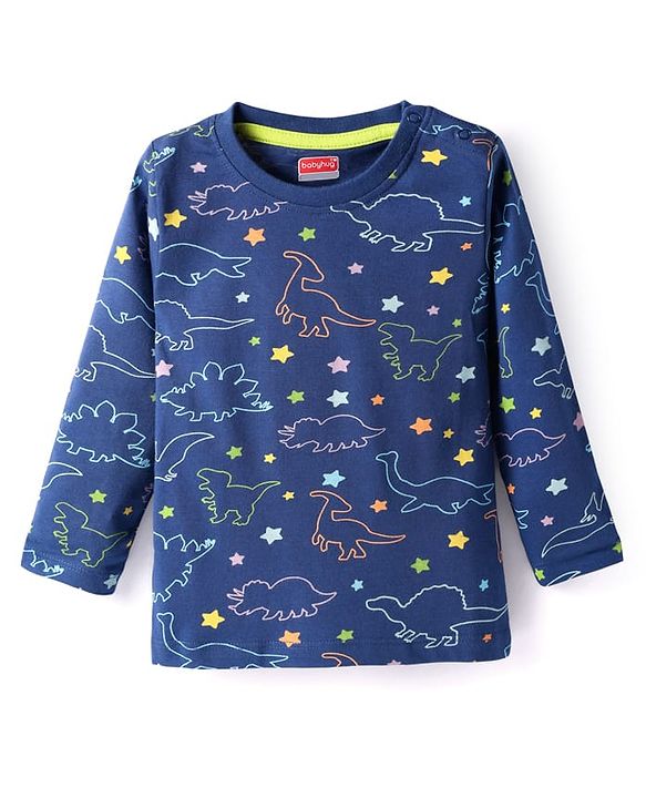 Babyhug Cotton Knit Full Sleeves Co-ords Night Suit with Dino Print - Navy Blue