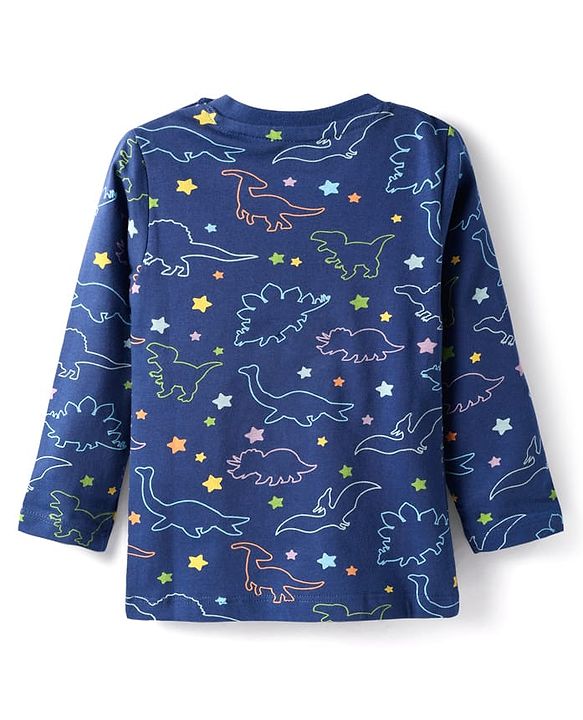 Babyhug Cotton Knit Full Sleeves Co-ords Night Suit with Dino Print - Navy Blue