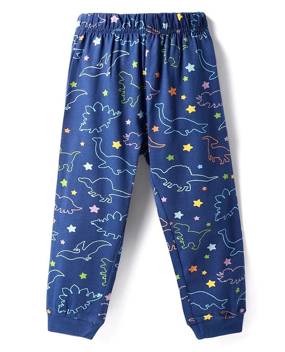 Babyhug Cotton Knit Full Sleeves Co-ords Night Suit with Dino Print - Navy Blue