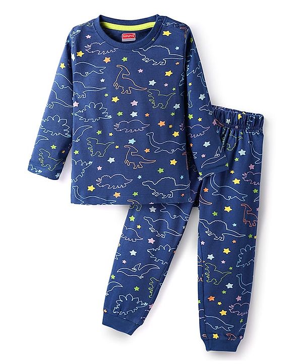 Babyhug Cotton Knit Full Sleeves Co-ords Night Suit with Dino Print - Navy Blue