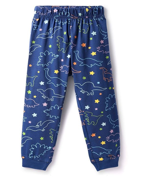 Babyhug Cotton Knit Full Sleeves Co-ords Night Suit with Dino Print - Navy Blue