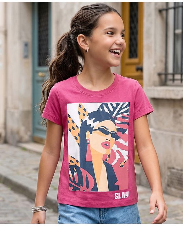 Pine Kids Cotton Knit Half Sleeves T-Shirt with Girl Print - Fuchsia