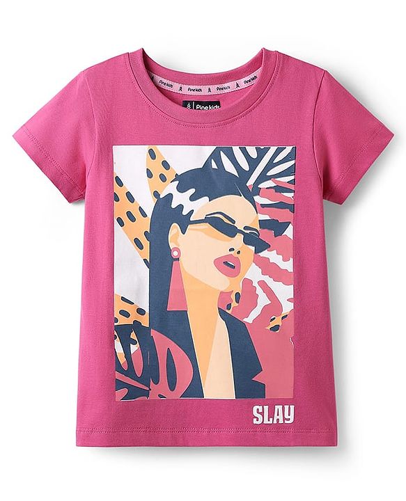 Pine Kids Cotton Knit Half Sleeves T-Shirt with Girl Print - Fuchsia