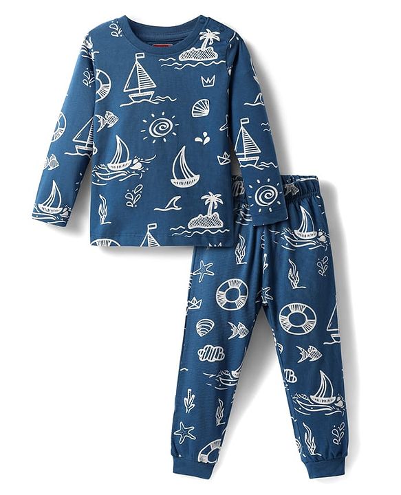 Babyhug Cotton Knit Full Sleeves Co-ords Night Suit with Nautical Theme Print - Navy Blue