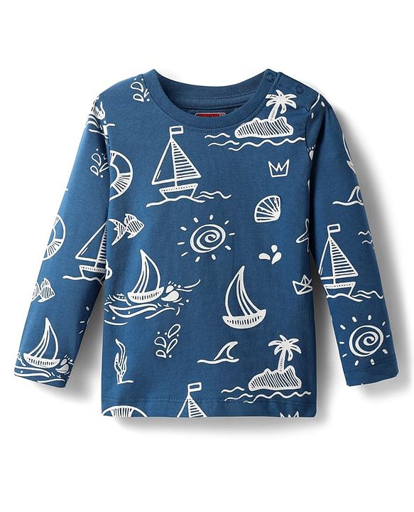 Babyhug Cotton Knit Full Sleeves Co-ords Night Suit with Nautical Theme Print - Navy Blue