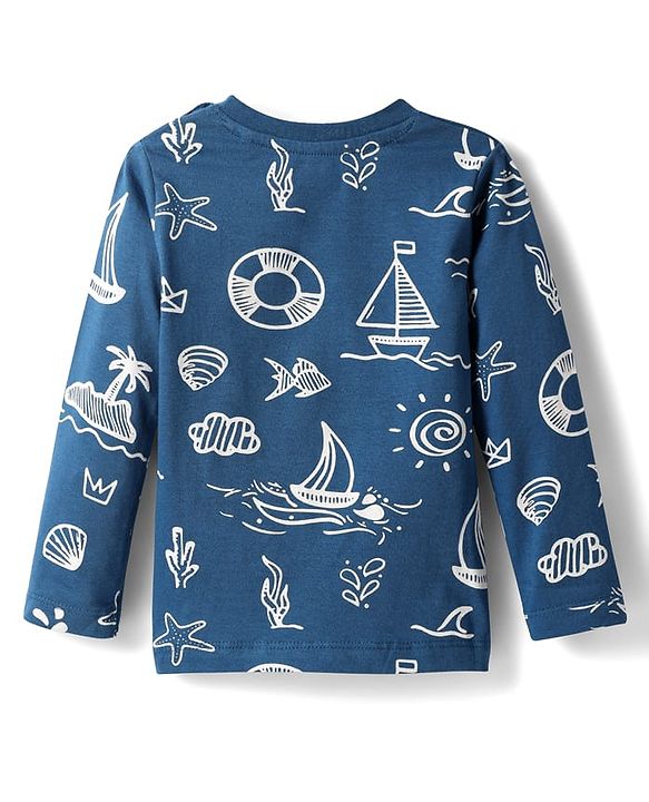 Babyhug Cotton Knit Full Sleeves Co-ords Night Suit with Nautical Theme Print - Navy Blue