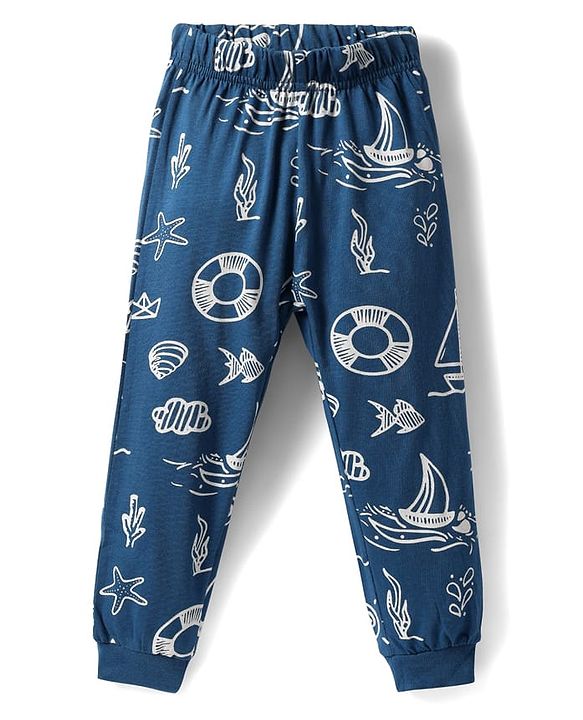 Babyhug Cotton Knit Full Sleeves Co-ords Night Suit with Nautical Theme Print - Navy Blue