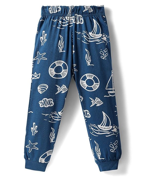 Babyhug Cotton Knit Full Sleeves Co-ords Night Suit with Nautical Theme Print - Navy Blue