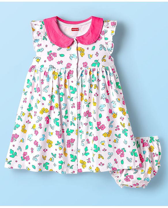 Babyhug Single Jersey Knit Frill Sleeves Peter Pan Collar & Front Open Frock With Bloomer Floral Print - White
