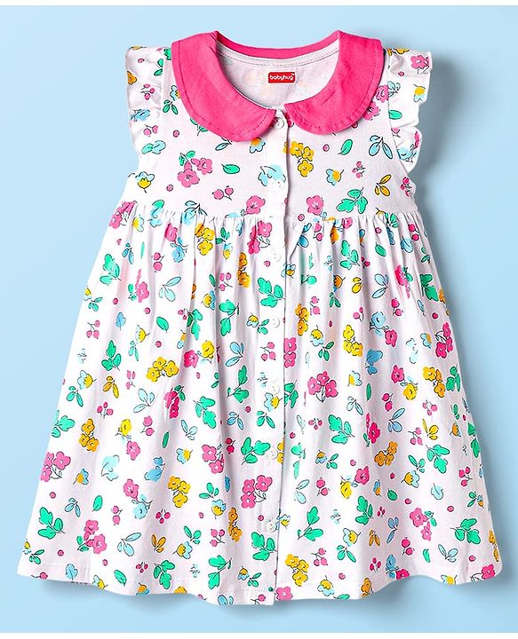 Babyhug Single Jersey Knit Frill Sleeves Peter Pan Collar & Front Open Frock With Bloomer Floral Print - White