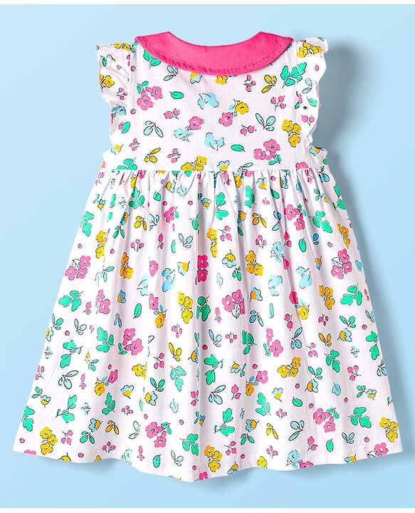 Babyhug Single Jersey Knit Frill Sleeves Peter Pan Collar & Front Open Frock With Bloomer Floral Print - White