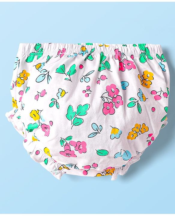 Babyhug Single Jersey Knit Frill Sleeves Peter Pan Collar & Front Open Frock With Bloomer Floral Print - White