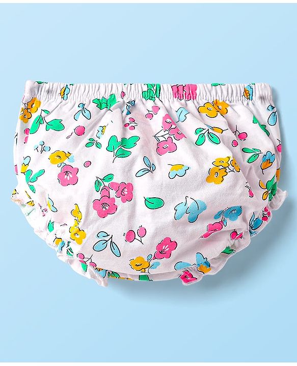 Babyhug Single Jersey Knit Frill Sleeves Peter Pan Collar & Front Open Frock With Bloomer Floral Print - White