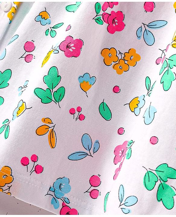 Babyhug Single Jersey Knit Frill Sleeves Peter Pan Collar & Front Open Frock With Bloomer Floral Print - White