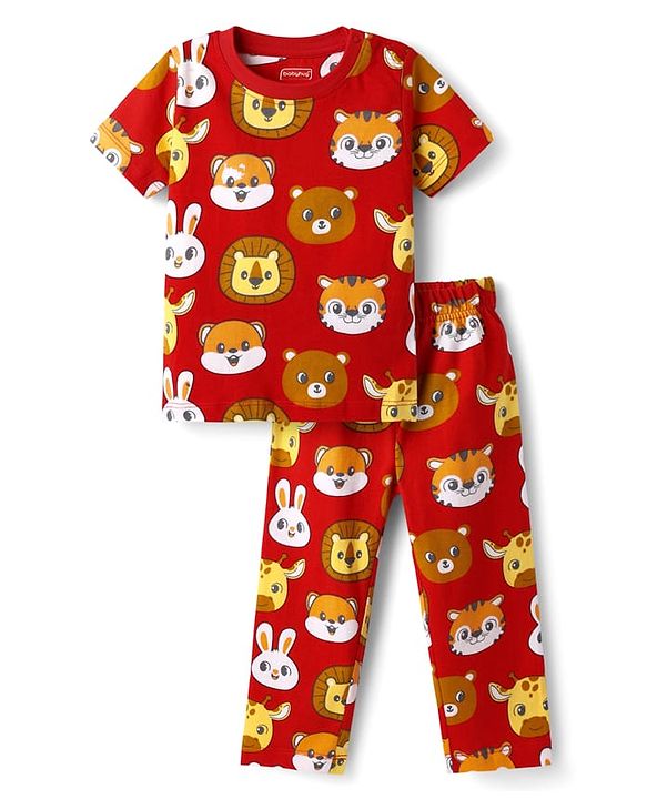 Babyhug Cotton Knit Half Sleeves Co- Ord Night Suit with Animal Print - Rust Orange