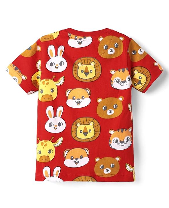 Babyhug Cotton Knit Half Sleeves Co- Ord Night Suit with Animal Print - Rust Orange