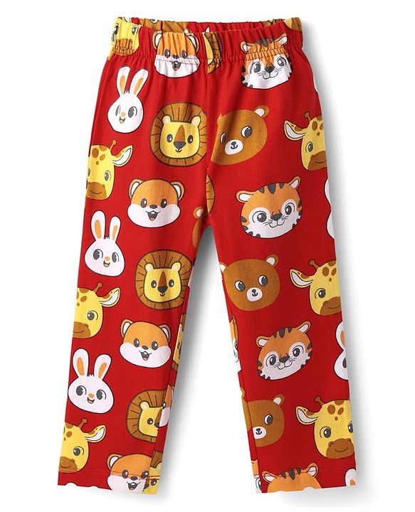Babyhug Cotton Knit Half Sleeves Co- Ord Night Suit with Animal Print - Rust Orange