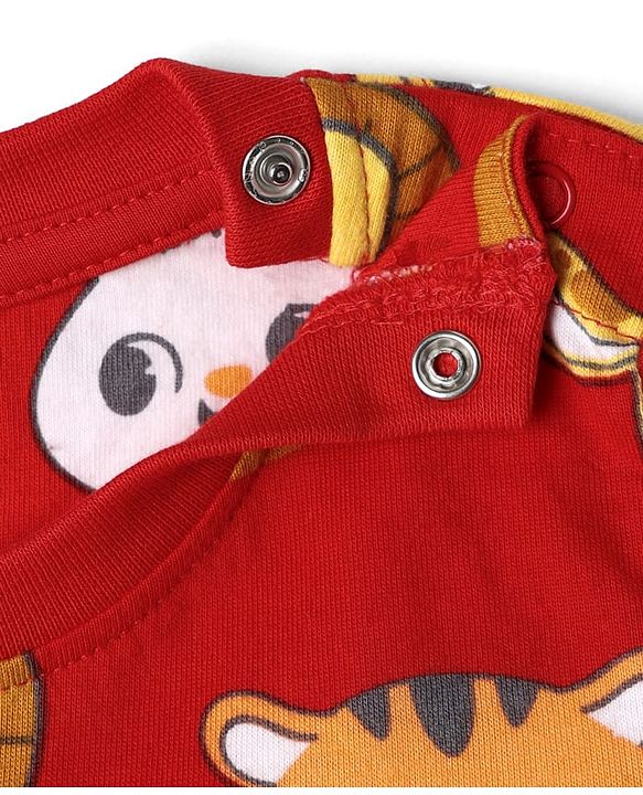 Babyhug Cotton Knit Half Sleeves Co- Ord Night Suit with Animal Print - Rust Orange