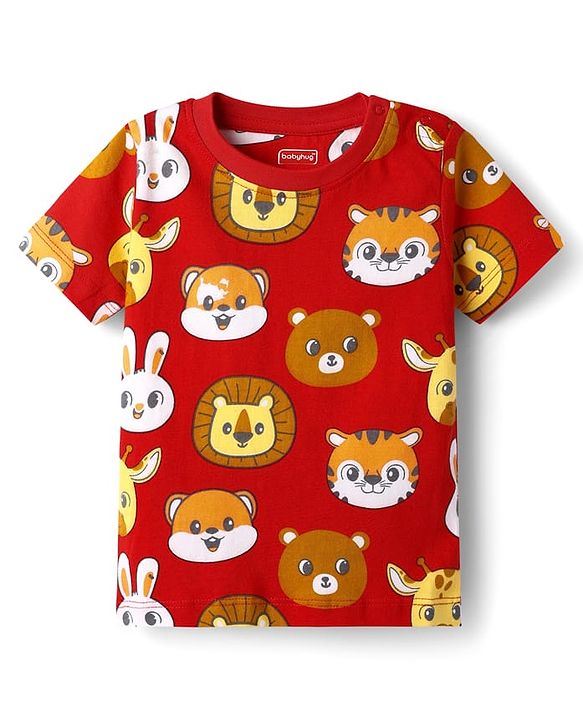 Babyhug Cotton Knit Half Sleeves Co- Ord Night Suit with Animal Print - Rust Orange