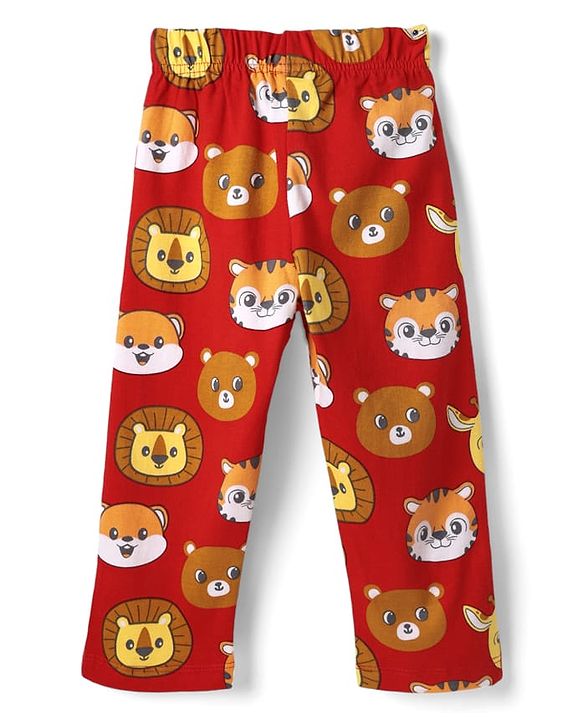 Babyhug Cotton Knit Half Sleeves Co- Ord Night Suit with Animal Print - Rust Orange