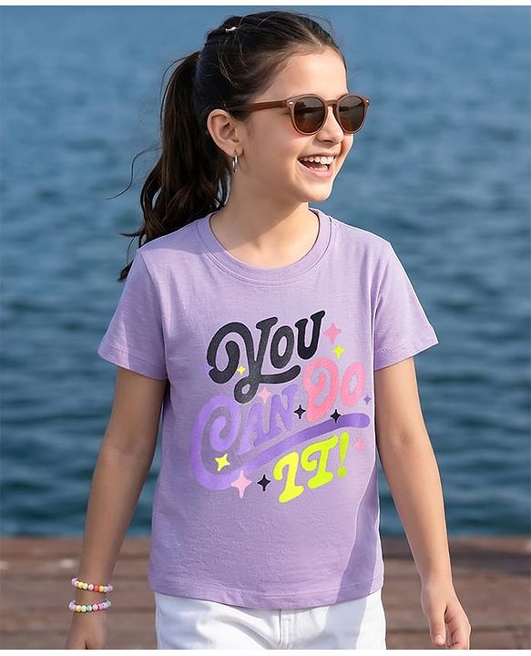 Pine Kids Cotton Knit Half Sleeves T-Shirt with Text Print - Lavender