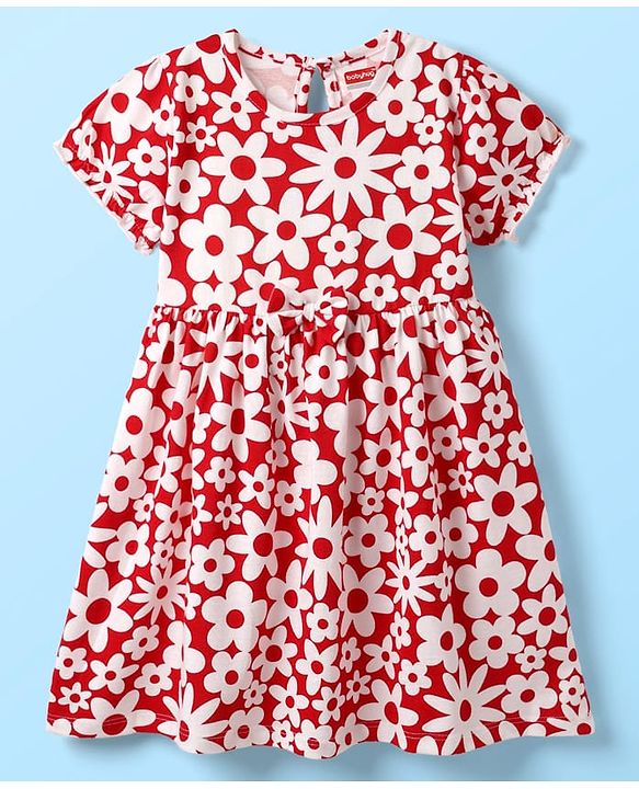 Babyhug Single Jersey Knit Half Sleeves Frock & Bloomers With Floral Print - Red