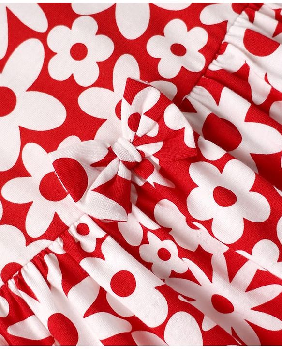 Babyhug Single Jersey Knit Half Sleeves Frock & Bloomers With Floral Print - Red