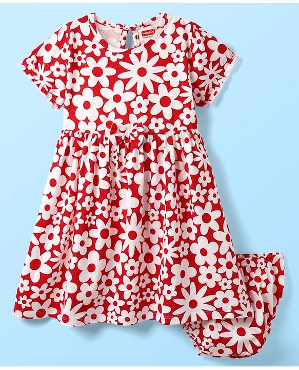 Babyhug Single Jersey Knit Half Sleeves Frock & Bloomers With Floral Print - Red