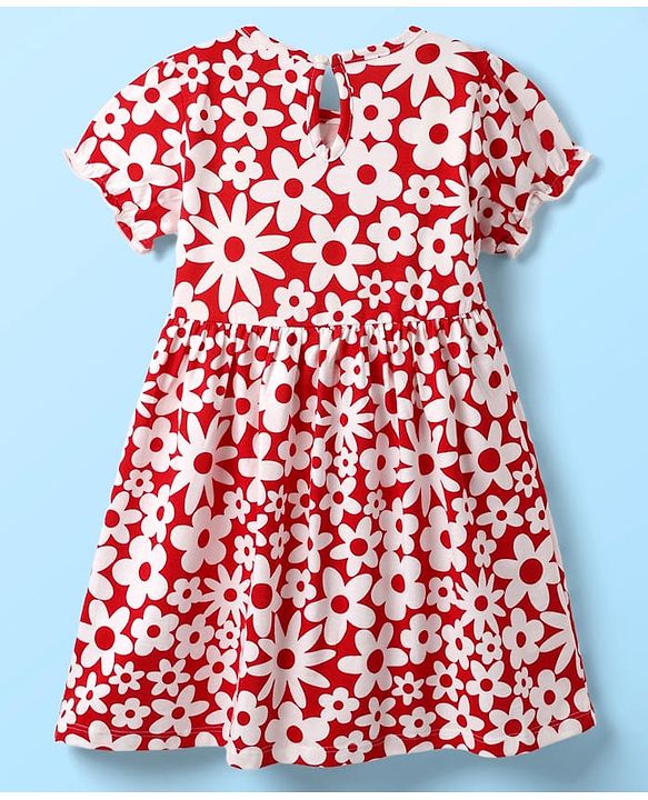 Babyhug Single Jersey Knit Half Sleeves Frock & Bloomers With Floral Print - Red