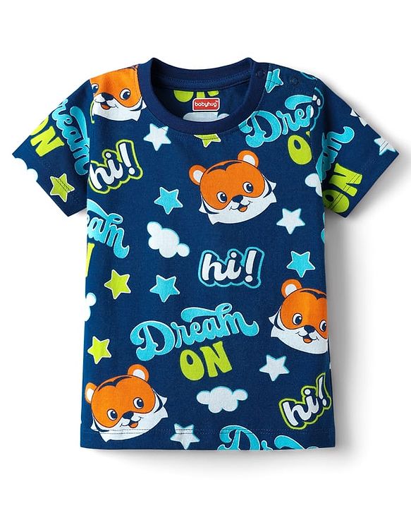 Babyhug Cotton Knit Half Sleeves Co-ords Shorts Night Suit with Cub Print - Navy Blue