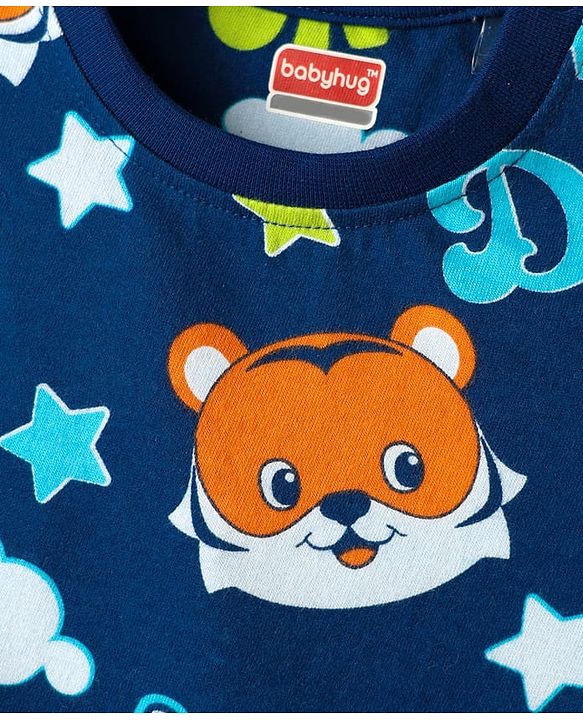 Babyhug Cotton Knit Half Sleeves Co-ords Shorts Night Suit with Cub Print - Navy Blue