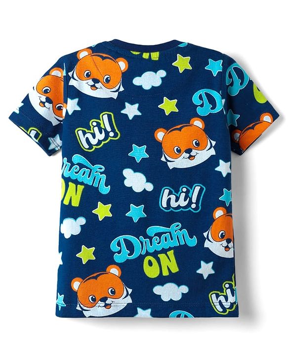 Babyhug Cotton Knit Half Sleeves Co-ords Shorts Night Suit with Cub Print - Navy Blue