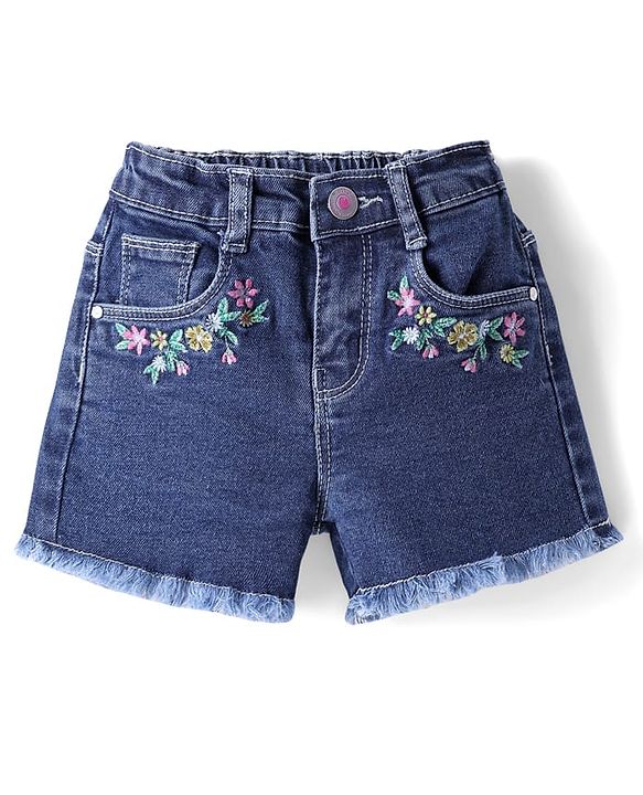 Babyhug Mid Thigh Length Denim Shorts with Floral Embroidery - Navy Blue