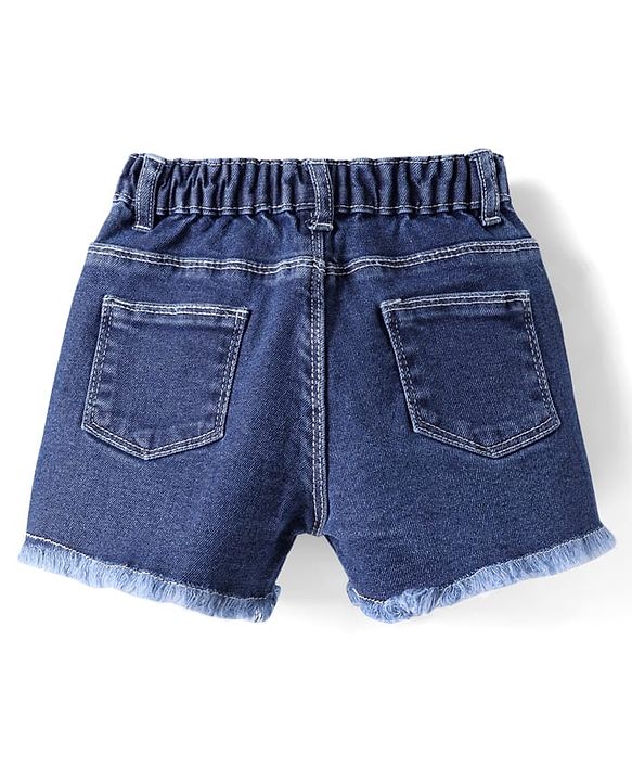Babyhug Mid Thigh Length Denim Shorts with Floral Embroidery - Navy Blue