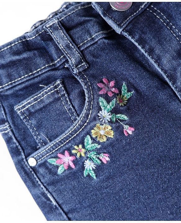 Babyhug Mid Thigh Length Denim Shorts with Floral Embroidery - Navy Blue