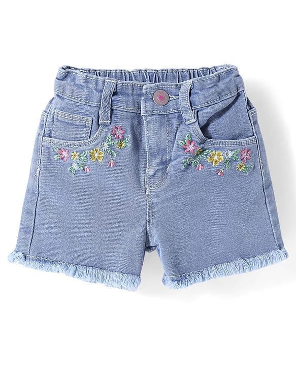 Babyhug Mid Thigh Length Denim Shorts with Floral Embroidery - Navy Blue