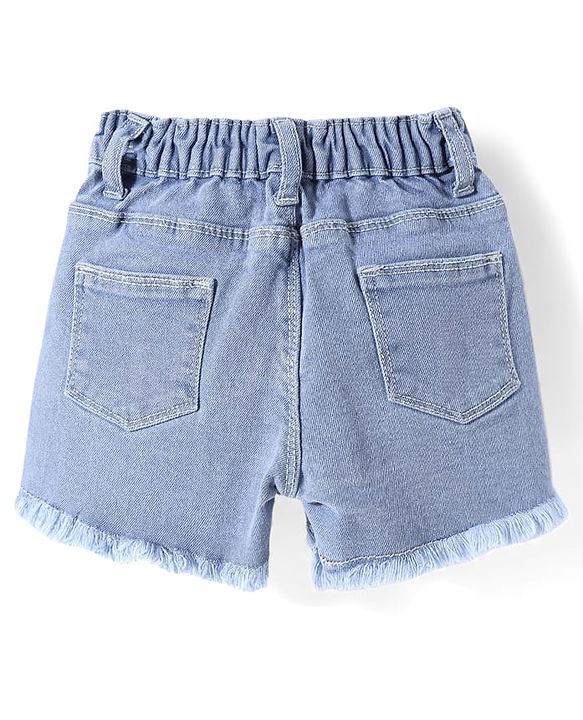 Babyhug Mid Thigh Length Denim Shorts with Floral Embroidery - Navy Blue