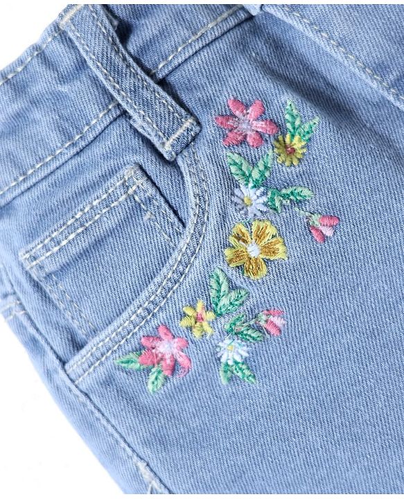 Babyhug Mid Thigh Length Denim Shorts with Floral Embroidery - Navy Blue