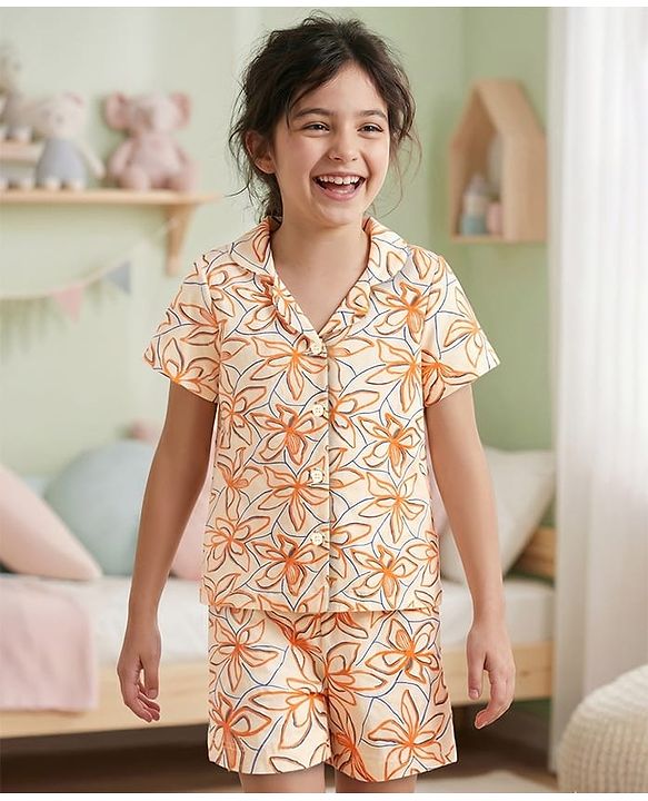 Pine Kids Single Jersey Knit Half Sleeves Co-ords Shorts Night Suit with Floral Print - Cream