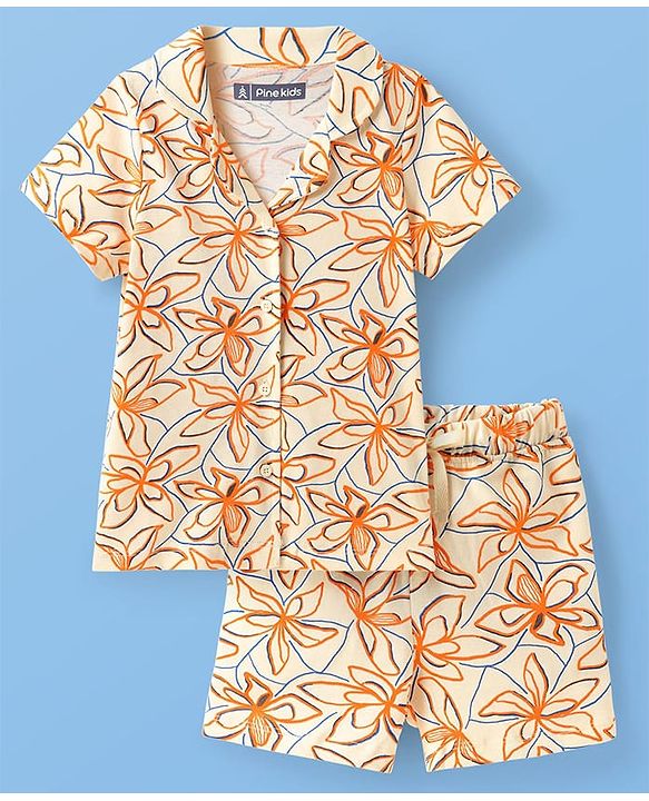 Pine Kids Single Jersey Knit Half Sleeves Co-ords Shorts Night Suit with Floral Print - Cream