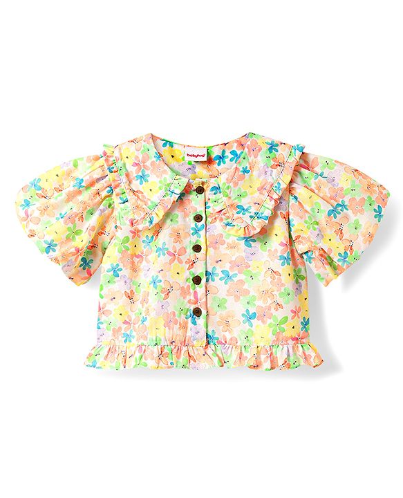 Babyhug Woven Puffed Sleeves Cropped Top with Floral Print - Cream