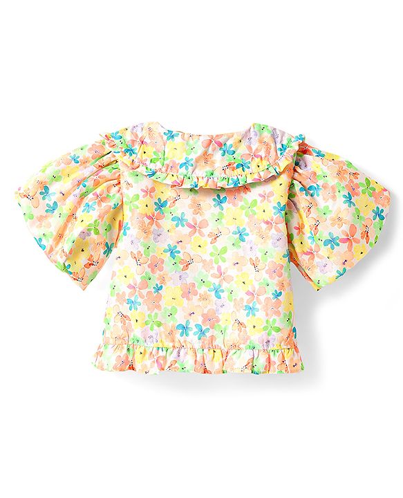Babyhug Woven Puffed Sleeves Cropped Top with Floral Print - Cream