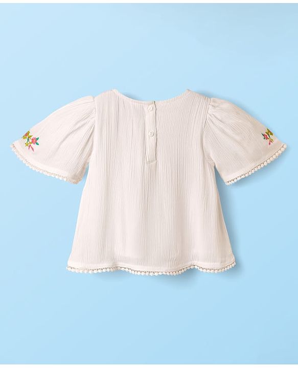 Babyhug Woven Half Sleeves Top With Floral Embroidery & Lace Detail - White